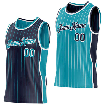 Custom Navy Teal Pinstripe-White Side Panels Reversible Double Side Sublimation Basketball Set Jersey