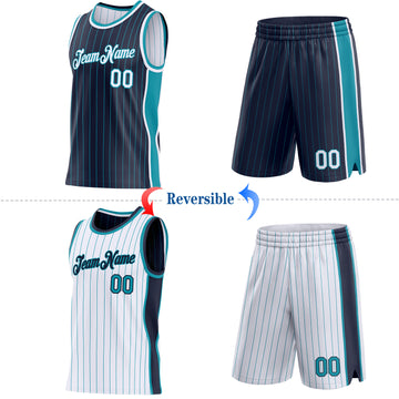 Custom Navy Teal Pinstripe-White Side Panels Reversible Double Side Sublimation Basketball Set Jersey