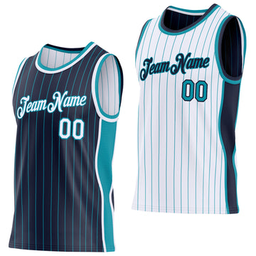 Custom Navy Teal Pinstripe-White Side Panels Reversible Double Side Sublimation Basketball Set Jersey