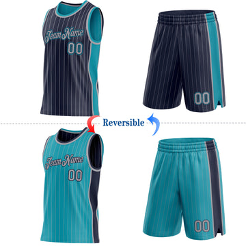 Custom Navy Gray Pinstripe-Teal Side Panels Reversible Double Side Sublimation Basketball Set Jersey