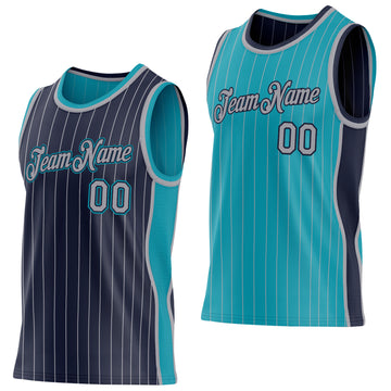 Custom Navy Gray Pinstripe-Teal Side Panels Reversible Double Side Sublimation Basketball Set Jersey