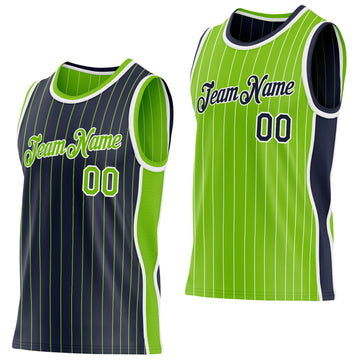 Custom Navy Neon Green Pinstripe-White Side Panels Reversible Double Side Sublimation Basketball Set Jersey