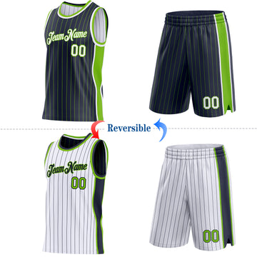 Custom Navy Neon Green Pinstripe-White Side Panels Reversible Double Side Sublimation Basketball Set Jersey
