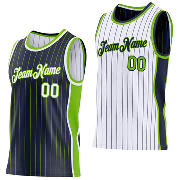 Custom Navy Neon Green Pinstripe-White Side Panels Reversible Double Side Sublimation Basketball Set Jersey