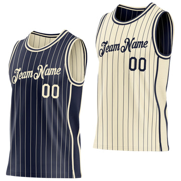 Custom Navy Cream Pinstripe Side Panels Reversible Double Side Sublimation Basketball Set Jersey