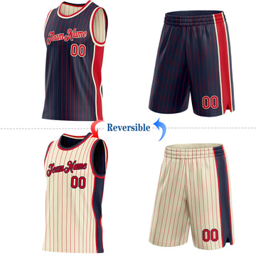 Custom Navy Red Pinstripe-Cream Side Panels Reversible Double Side Sublimation Basketball Set Jersey