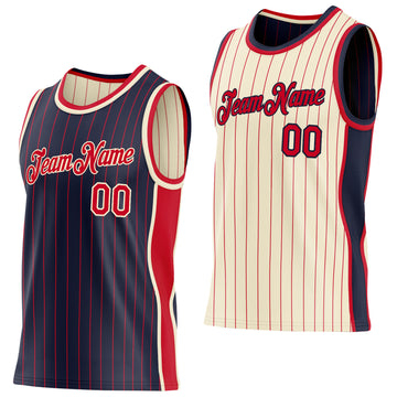 Custom Navy Red Pinstripe-Cream Side Panels Reversible Double Side Sublimation Basketball Set Jersey