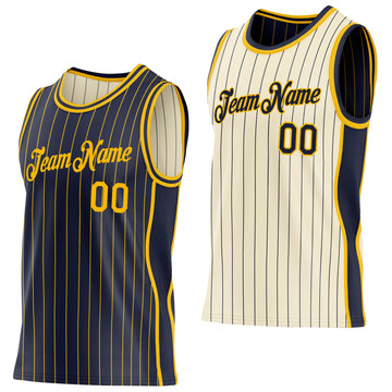 Custom Navy Gold & Cream Navy Pinstripe Side Panels Reversible Double Side Sublimation Basketball Set Jersey