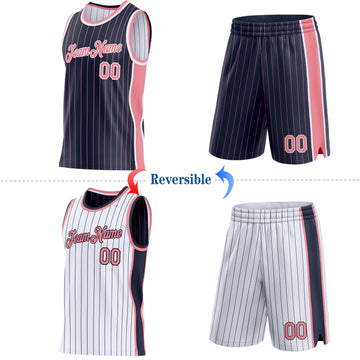 Custom Navy Medium Pink Pinstripe-White Side Panels Reversible Double Side Sublimation Basketball Set Jersey