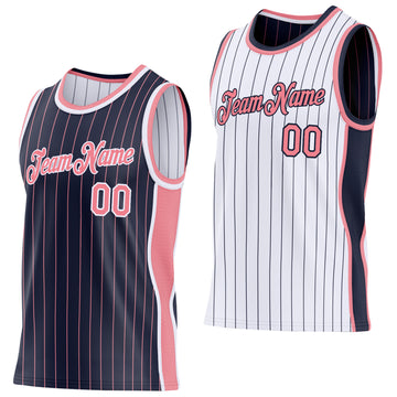 Custom Navy Medium Pink Pinstripe-White Side Panels Reversible Double Side Sublimation Basketball Set Jersey