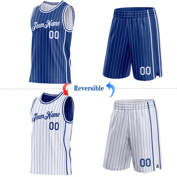 Custom Royal White Pinstripe Side Panels Reversible Double Side Sublimation Basketball Set Jersey