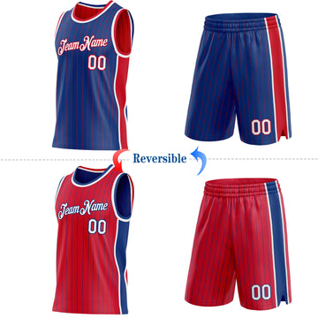 Custom Royal Red Pinstripe-White Side Panels Reversible Double Side Sublimation Basketball Set Jersey