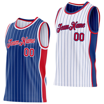 Custom Royal White Pinstripe-Red Side Panels Reversible Double Side Sublimation Basketball Set Jersey