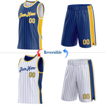 Custom Royal Gold Pinstripe-White Side Panels Reversible Double Side Sublimation Basketball Set Jersey