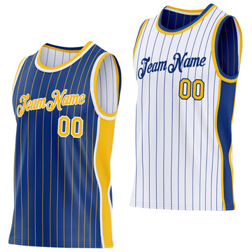 Custom Royal Gold Pinstripe-White Side Panels Reversible Double Side Sublimation Basketball Set Jersey