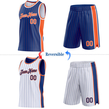 Custom Royal Orange Pinstripe-White Side Panels Reversible Double Side Sublimation Basketball Set Jersey