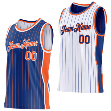 Custom Royal Orange Pinstripe-White Side Panels Reversible Double Side Sublimation Basketball Set Jersey
