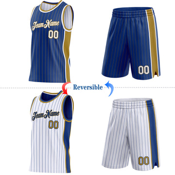Custom Royal Old Gold Pinstripe-White Side Panels Reversible Double Side Sublimation Basketball Set Jersey