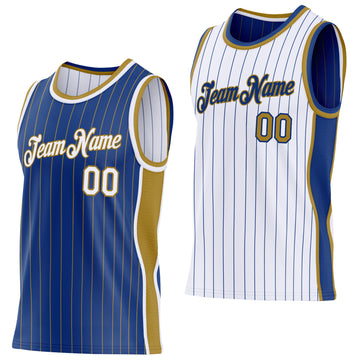 Custom Royal Old Gold Pinstripe-White Side Panels Reversible Double Side Sublimation Basketball Set Jersey