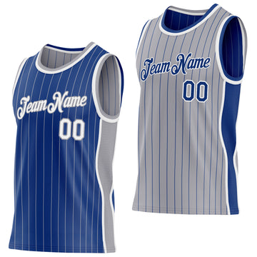 Custom Royal Gray Pinstripe-White Side Panels Reversible Double Side Sublimation Basketball Set Jersey