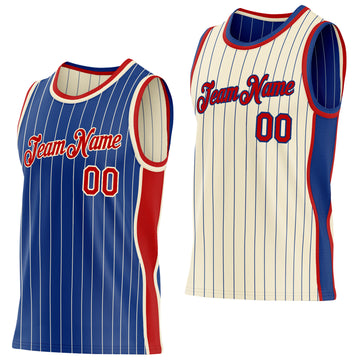 Custom Royal Cream Pinstripe-Red Side Panels Reversible Double Side Sublimation Basketball Set Jersey
