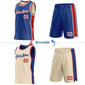 Custom Royal White & Cream Red Pinstripe Side Panels Reversible Double Side Sublimation Basketball Set Jersey