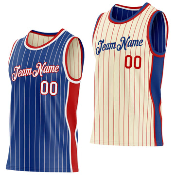 Custom Royal White & Cream Red Pinstripe Side Panels Reversible Double Side Sublimation Basketball Set Jersey