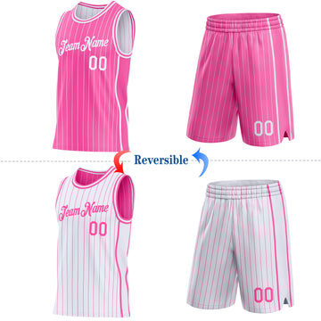 Custom Pink White Pinstripe Side Panels Reversible Double Side Sublimation Basketball Set Jersey