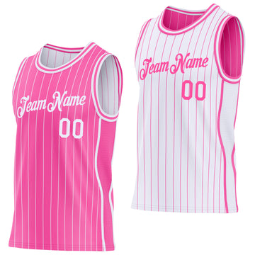 Custom Pink White Pinstripe Side Panels Reversible Double Side Sublimation Basketball Set Jersey