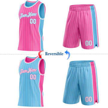 Custom Pink White Pinstripe-Sky Blue Side Panels Reversible Double Side Sublimation Basketball Set Jersey