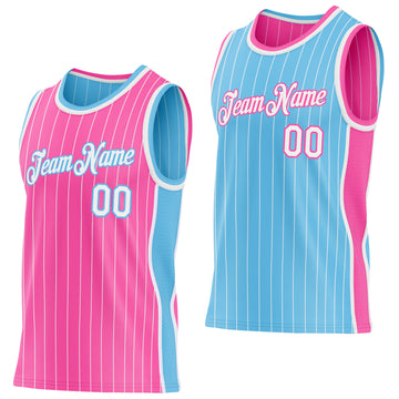 Custom Pink White Pinstripe-Sky Blue Side Panels Reversible Double Side Sublimation Basketball Set Jersey