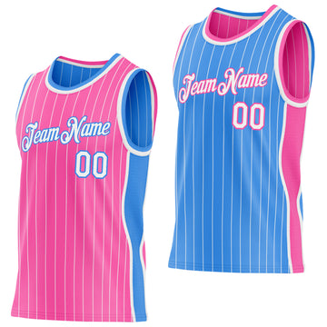 Custom Pink White Pinstripe-Powder Blue Side Panels Reversible Double Side Sublimation Basketball Set Jersey