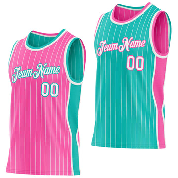 Custom Pink White Pinstripe-Aqua Side Panels Reversible Double Side Sublimation Basketball Set Jersey