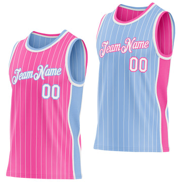 Custom Pink White Pinstripe-Light Blue Side Panels Reversible Double Side Sublimation Basketball Set Jersey