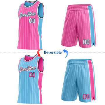 Custom Pink White Pinstripe Black-Sky Blue Side Panels Reversible Double Side Sublimation Basketball Set Jersey