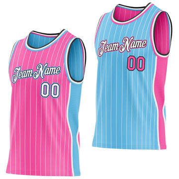 Custom Pink White Pinstripe Black-Sky Blue Side Panels Reversible Double Side Sublimation Basketball Set Jersey