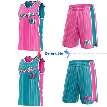 Custom Pink White Pinstripe Black-Teal Side Panels Reversible Double Side Sublimation Basketball Set Jersey