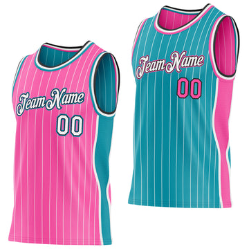 Custom Pink White Pinstripe Black-Teal Side Panels Reversible Double Side Sublimation Basketball Set Jersey