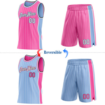 Custom Pink White Pinstripe Black-Light Blue Side Panels Reversible Double Side Sublimation Basketball Set Jersey
