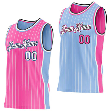 Custom Pink White Pinstripe Black-Light Blue Side Panels Reversible Double Side Sublimation Basketball Set Jersey