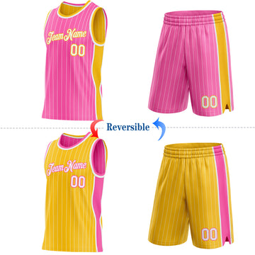 Custom Pink White Pinstripe-Gold Side Panels Reversible Double Side Sublimation Basketball Set Jersey