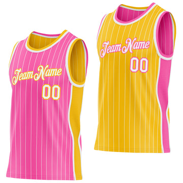 Custom Pink White Pinstripe-Gold Side Panels Reversible Double Side Sublimation Basketball Set Jersey
