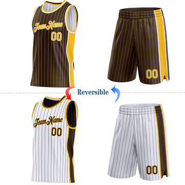 Custom Brown Gold Pinstripe-White Side Panels Reversible Double Side Sublimation Basketball Set Jersey