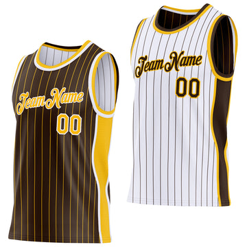 Custom Brown Gold Pinstripe-White Side Panels Reversible Double Side Sublimation Basketball Set Jersey