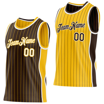 Custom Brown Gold Pinstripe-White Side Panels Reversible Double Side Sublimation Basketball Set Jersey
