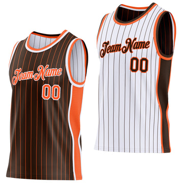 Custom Brown Orange Pinstripe-White Side Panels Reversible Double Side Sublimation Basketball Set Jersey