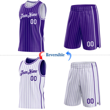 Custom Purple White Pinstripe Side Panels Reversible Double Side Sublimation Basketball Set Jersey