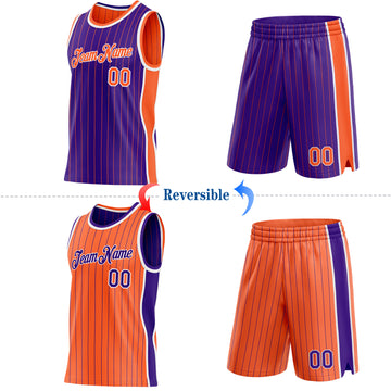 Custom Purple Orange Pinstripe-White Side Panels Reversible Double Side Sublimation Basketball Set Jersey