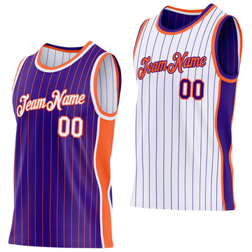 Custom Purple Orange Pinstripe-White Side Panels Reversible Double Side Sublimation Basketball Set Jersey
