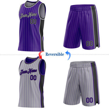 Custom Purple Gray Pinstripe-Black Side Panels Reversible Double Side Sublimation Basketball Set Jersey